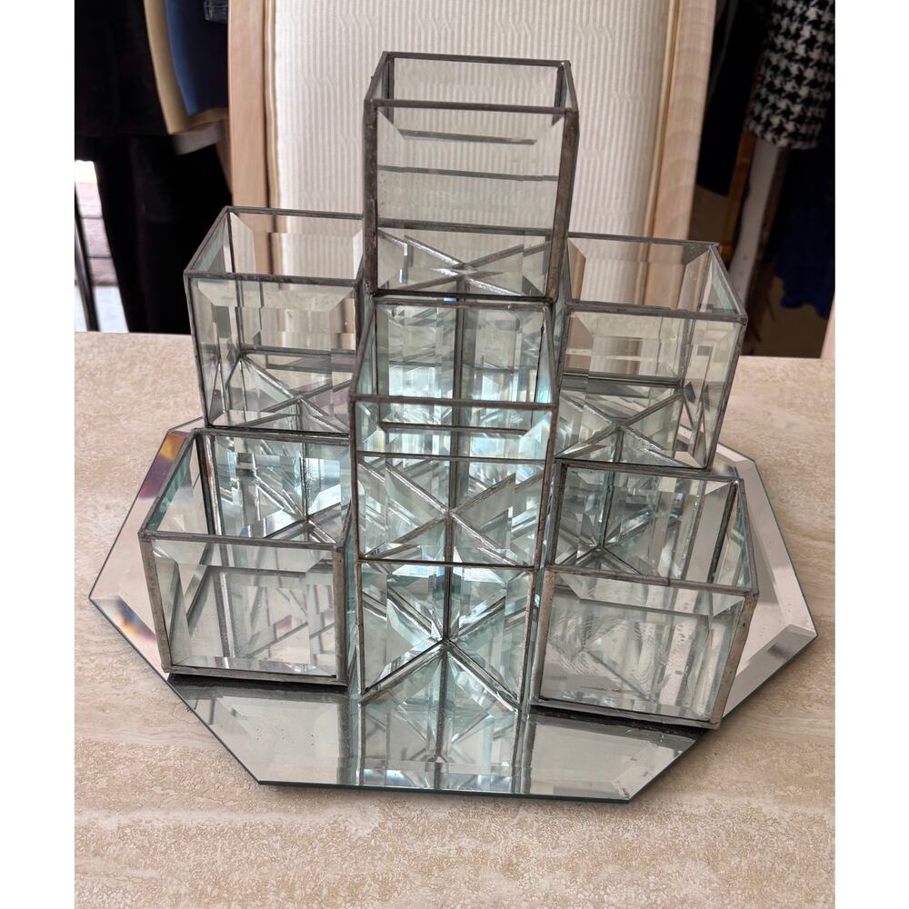Vintage 3 Tier Leaded and Beveled Glass Mirror 9 Piece Cube Votive Candle Holder - Picture 4 of 14